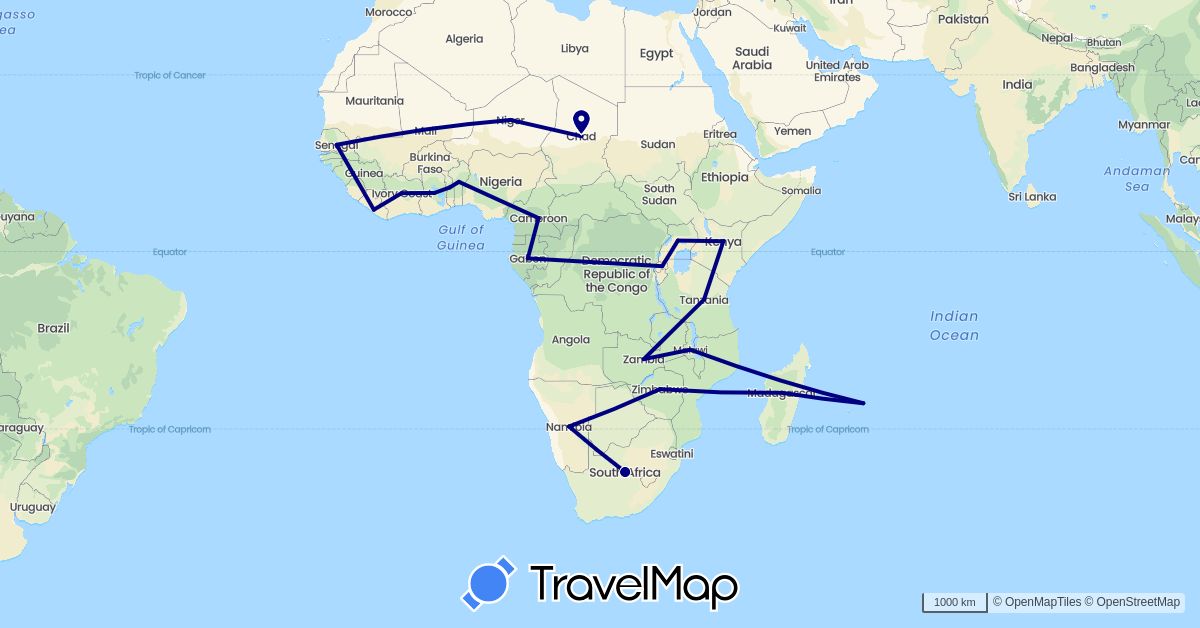TravelMap itinerary: driving in Benin, Côte d'Ivoire, Cameroon, Gabon, Ghana, Kenya, Liberia, Madagascar, Mauritius, Malawi, Namibia, Niger, Rwanda, Senegal, Chad, Togo, Tanzania, Uganda, South Africa, Zambia, Zimbabwe (Africa)